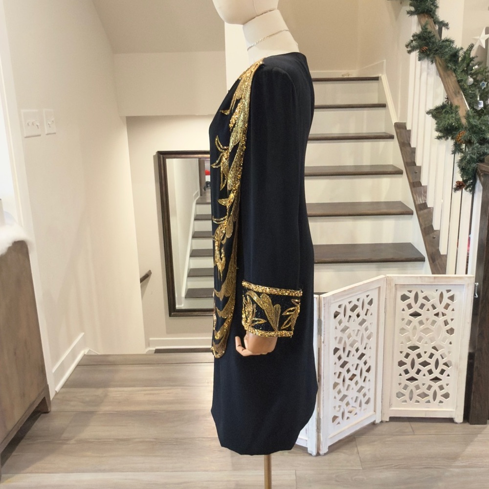 Vintage Bob Mackie Evening Black Dress with Gold Beaded Appliqué | Size 12 - Picture 8 of 11